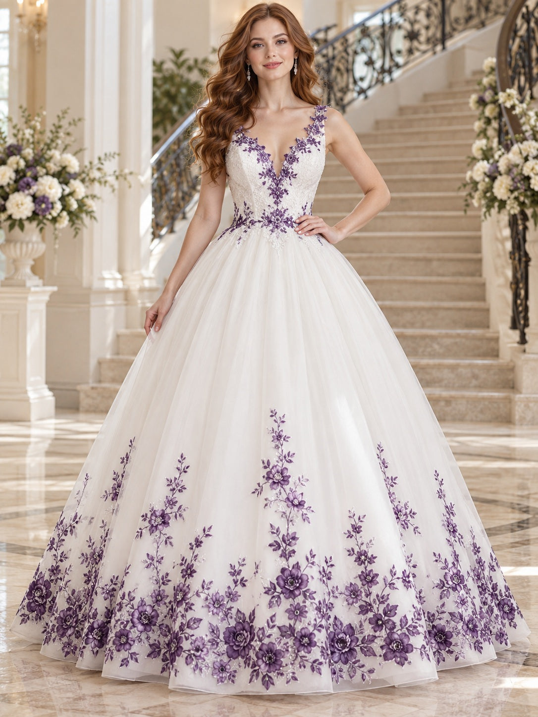Brautkleid in Ballkleid-Stil mit V-Ausschnitt, lila Blumenrand und 3D-Blüten