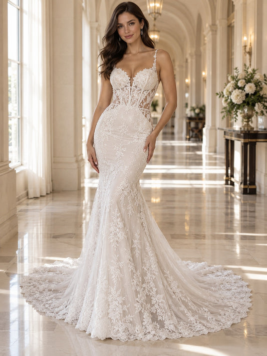 Vestido de novia de encaje y tul en marfil, corte sirena, escote corazón y escote en V, sin mangas y largo hasta el suelo