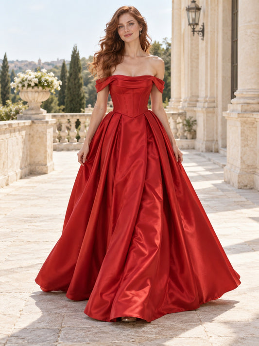 Vestido de novia de satén en rojo, corte princesa, hombros descubiertos, manga corta y largo hasta el suelo
