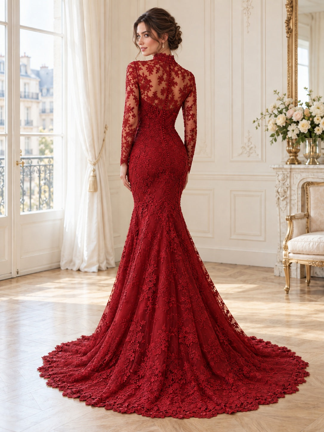 Rubinburgunderfarbenes, langärmeliges Meerjungfrauen-Brautkleid mit hohem Ausschnitt und Illusionsspitze