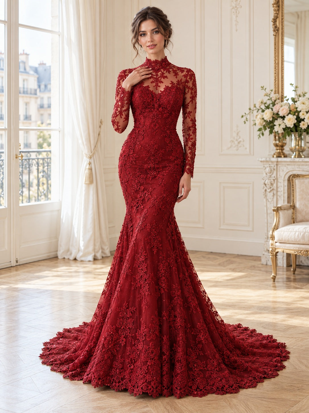Rubinburgunderfarbenes, langärmeliges Meerjungfrauen-Brautkleid mit hohem Ausschnitt und Illusionsspitze