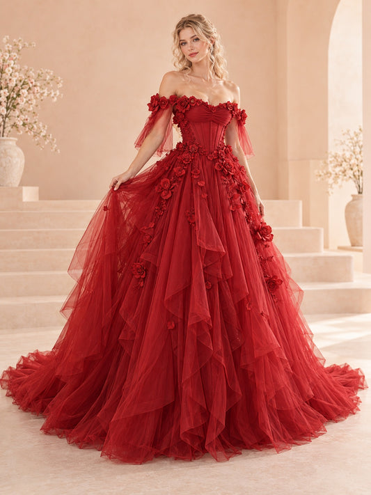 Vestido de tul en rojo, flores 3D, corte princesa, hombros descubiertos y escote corazón, manga corta y largo hasta el suelo