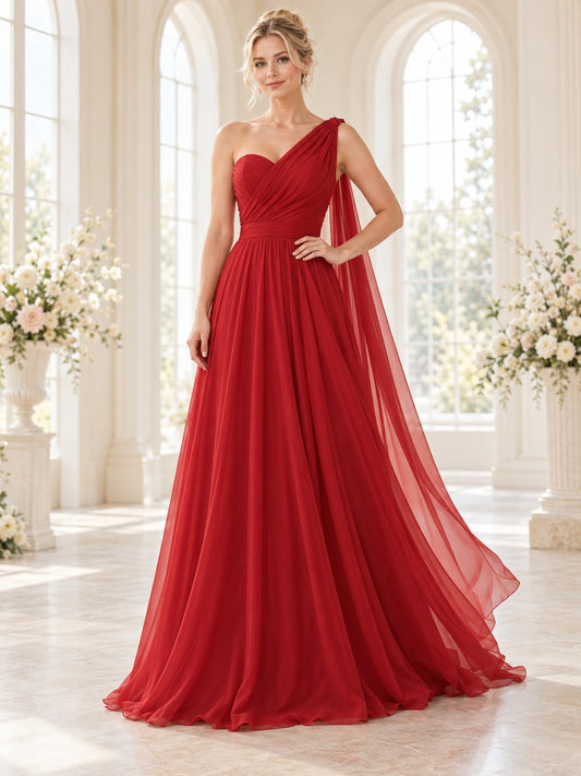 Vestido de novia de gasa en rojo, línea A, un hombro, sin mangas y largo hasta el suelo