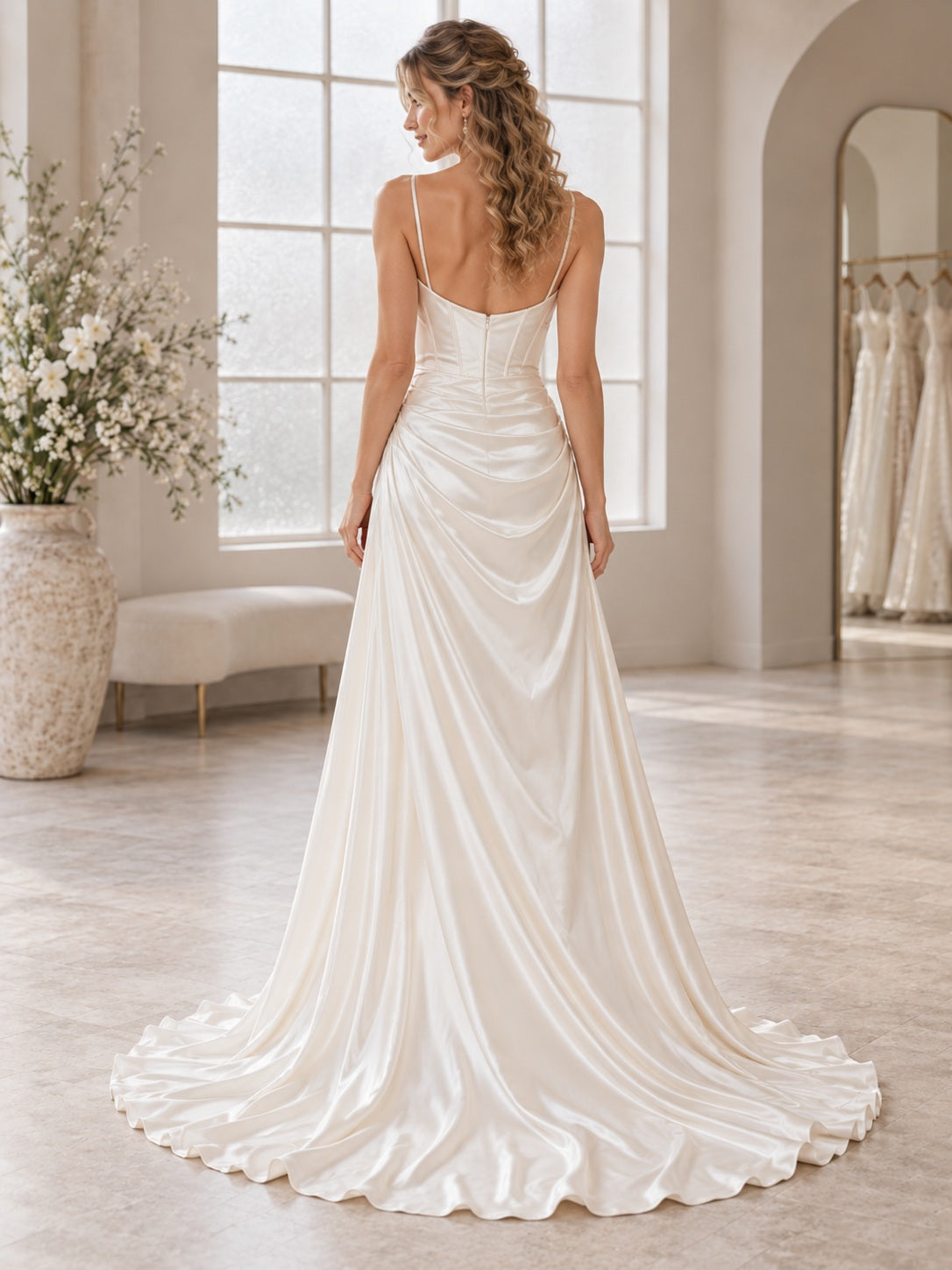 Sexy Satin-Brautkleid mit Spaghettiträgern, Wasserfallausschnitt, hohem Schlitz, Korsett, A-Linie und Schleppsaum