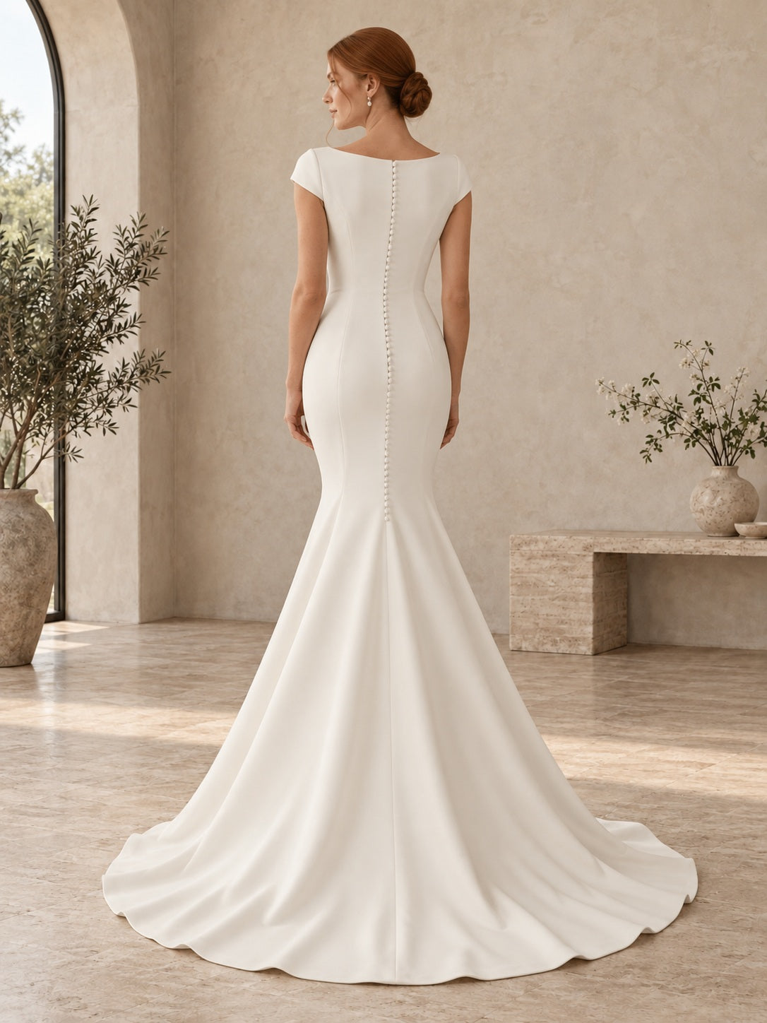 Robe de mariée sirène en crêpe à encolure bateau, mancherons, traîne balayage et boutons au dos