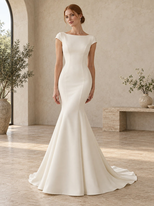 Robe de mariée sirène en crêpe à encolure bateau, mancherons, traîne balayage et boutons au dos
