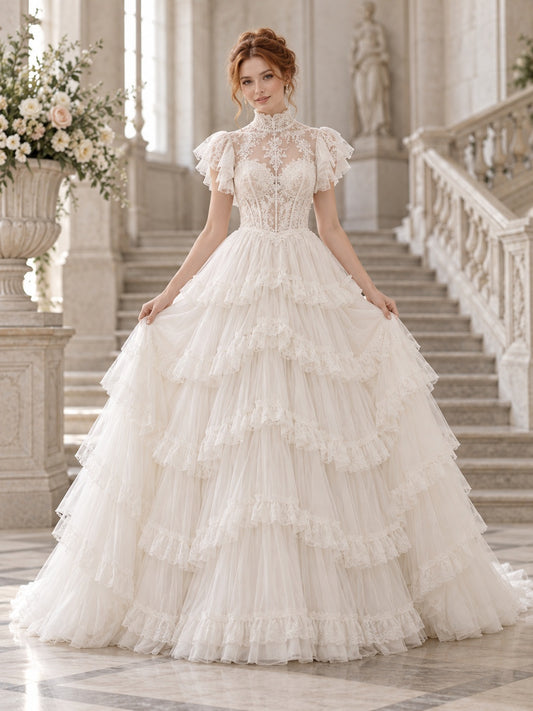 Robe de mariée de bal à col montant, manches papillon, dentelle à volants et jupe étagée