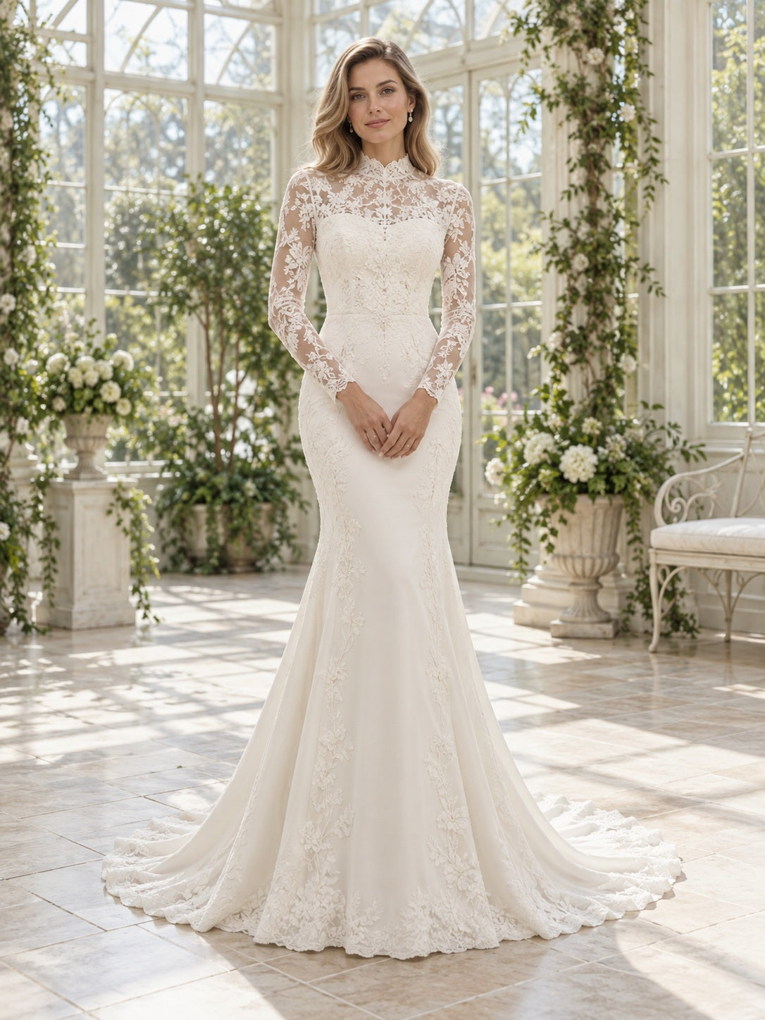 Robe de mariée vintage sirène à manches longues, col montant, en dentelle fleurie et boutonnée