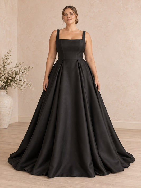 Robe de mariée grande taille noire simple en satin plissé coupe trapèze à encolure carrée