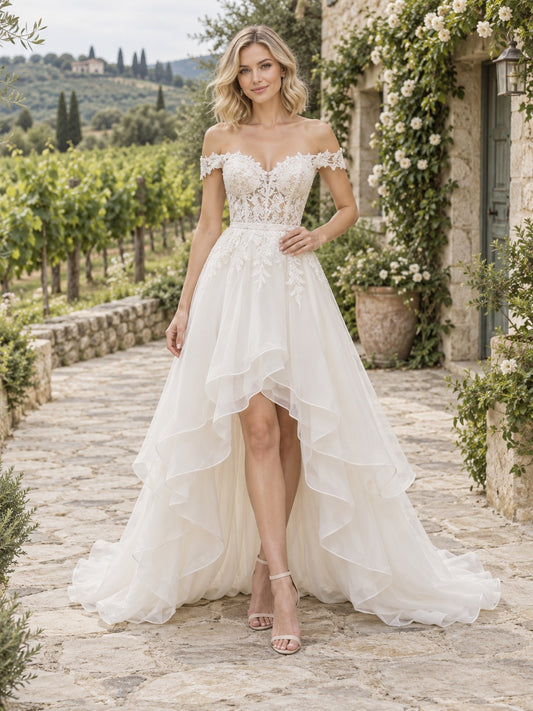 Vokuhila-Brautkleid in A-Linie aus Chiffon und Spitze mit schulterfreiem Ausschnitt