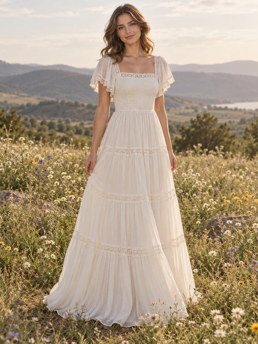 Vestido de novia de gasa y encaje en marfil, línea A, escote cuadrado, manga corta y largo hasta el suelo