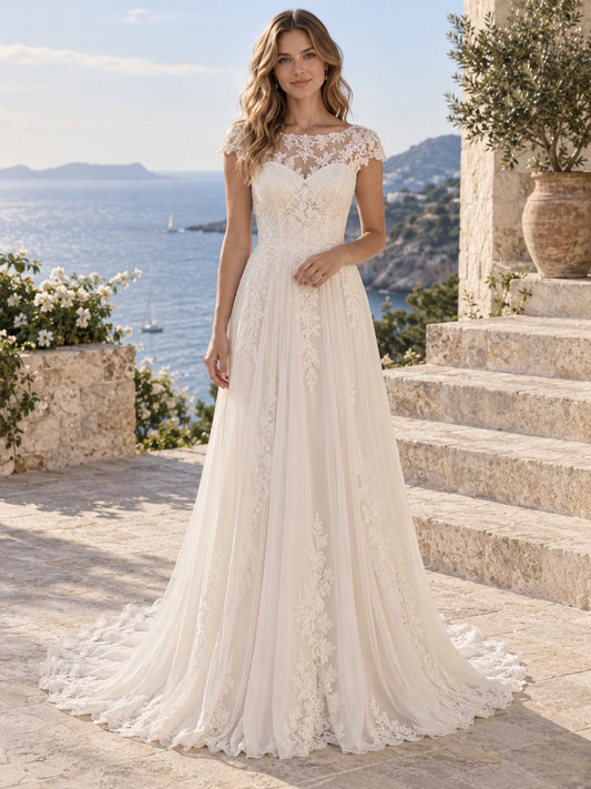 Vestido de novia de gasa y encaje en marfil, línea A, escote barco y escote corazón, manga corta y largo hasta el suelo