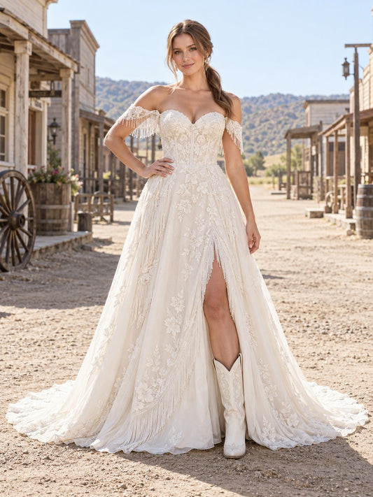 Vestido de novia de encaje y tul en marfil, línea A, hombros descubiertos y escote corazón, manga corta y cola corta