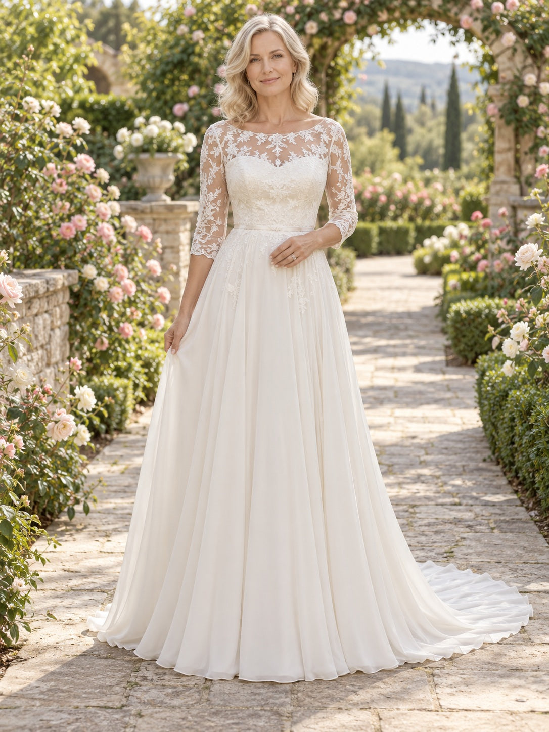 Dezentes Brautkleid aus Spitze und Chiffon mit Dreiviertelarm für die reifere Braut