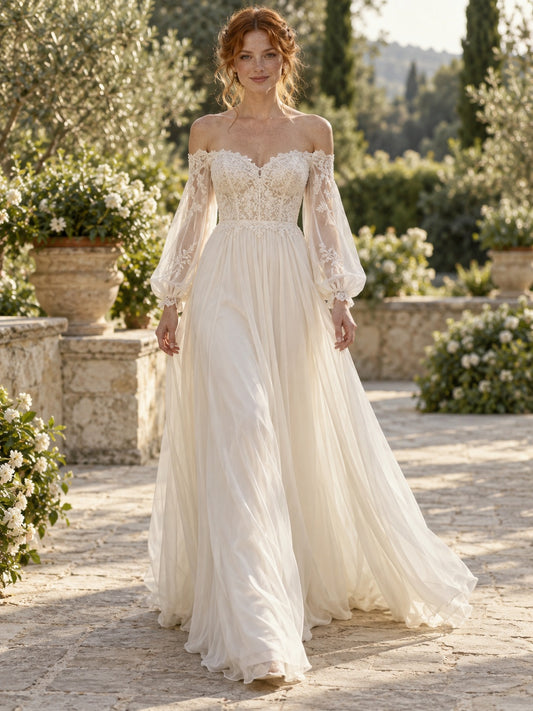 Brautkleid aus Chiffon und Spitze mit langen Ärmeln, schulterfreiem Herz-Ausschnitt und Dichter-Ärmeln
