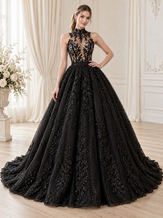 Robe de mariée de bal noire en dentelle à col montant et dos nu, avec traîne