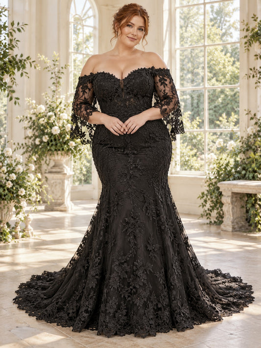 Robe de mariée sirène noire grande taille, à épaules dénudées, avec manches cloche en dentelle