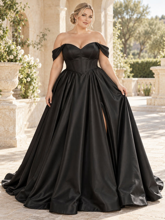 Robe de mariée trapèze en satin noir grande taille à épaules dénudées, encolure cœur et fente