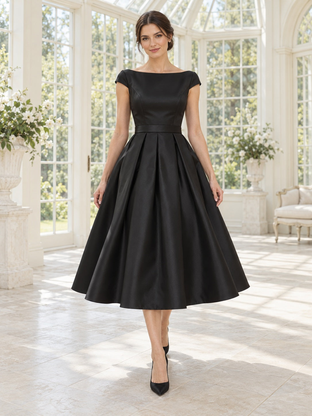 Schwarzes bodenlanges Brautkleid aus Satin mit U-Boot-Ausschnitt, Flügelärmeln und weitem Rock