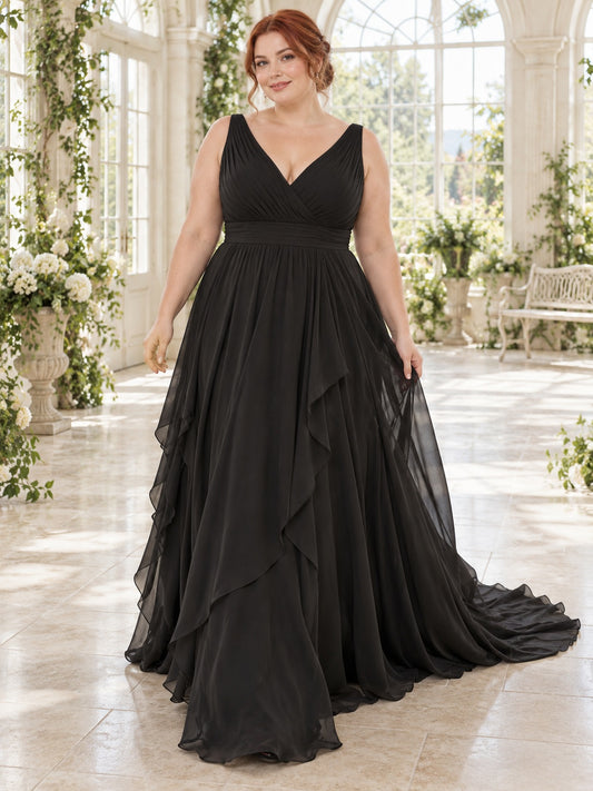 Robe de mariée noire grande taille en mousseline à col en V et volants en cascade