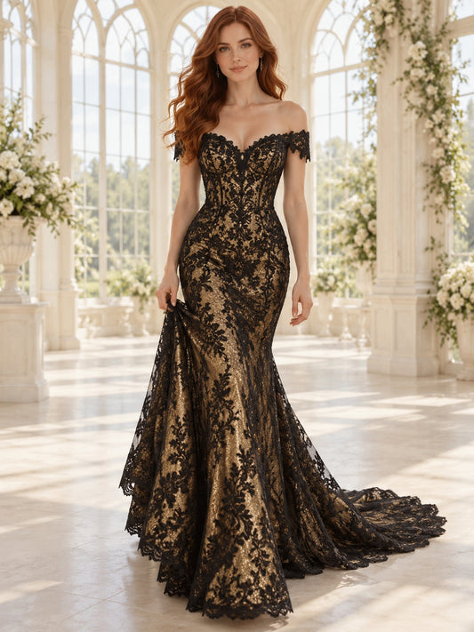 Robe de mariée sirène noire et dorée à épaules dénudées en dentelle festonnée