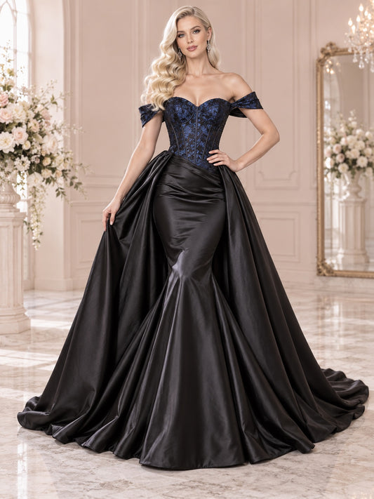 Robe de réception de mariage en satin bleu et noir, style sirène, avec encolure cœur et épaules dénudées