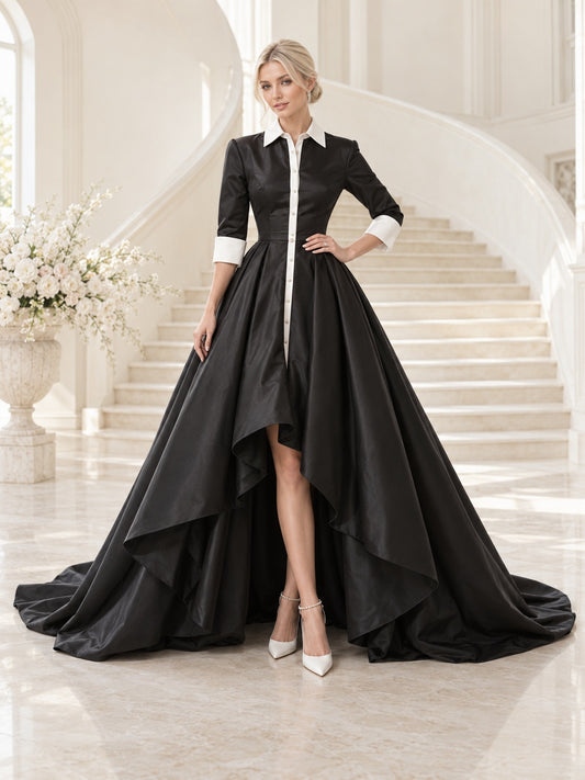 Vestido de novia de satén en negro, línea A, cuello alto, manga tres cuartos y cola corta
