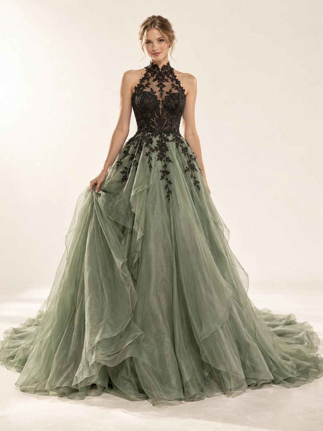 Black High Neck Vintage Sage Halter Floral Lace Organza A-Line Wedding Dress - view 1