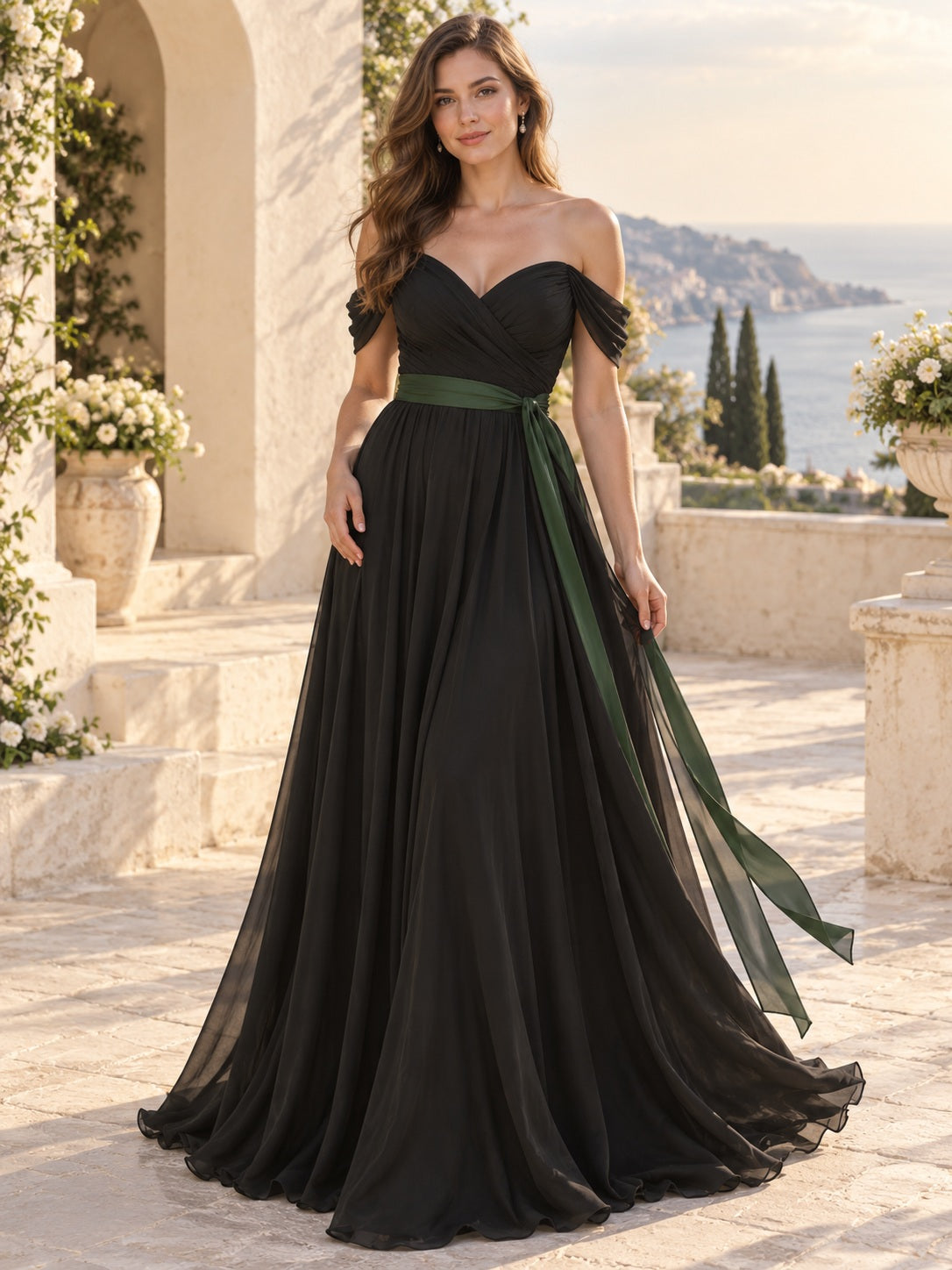 Schwarzes schlichtes grünes Chiffon-A-Linien-Brautkleid mit schulterfreiem Schnitt und Schärpe in Schleifenoptik