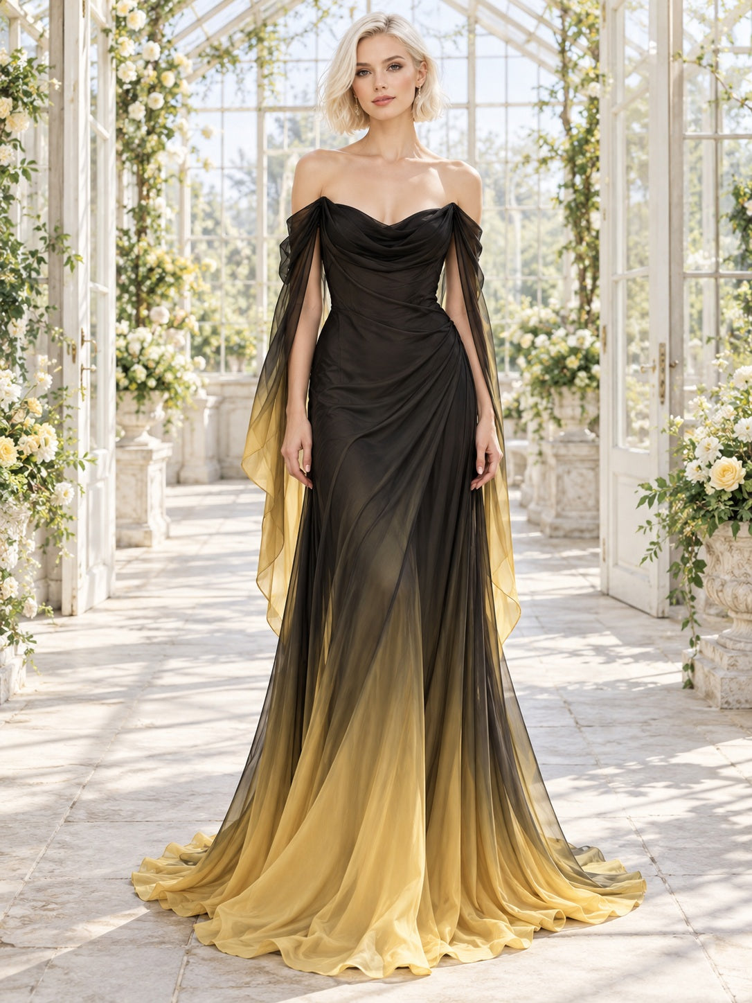 Schwarz-gelbes Ombre-Brautkleid in A-Linie aus Chiffon mit Carmen-Ausschnitt, Wasserfallausschnitt und drapierten Bahnen