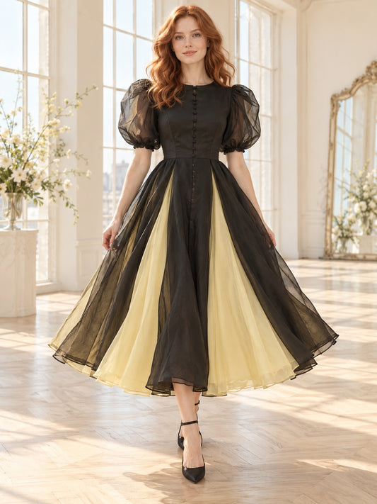 Robe de mariée vintage modeste jaune en organza, coupe godet longueur thé, avec manches courtes bouffantes