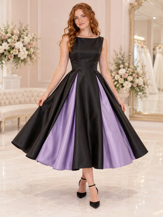 Robe de mariée large plissée en satin violet simple vintage longueur thé noire avec empiècement bateau