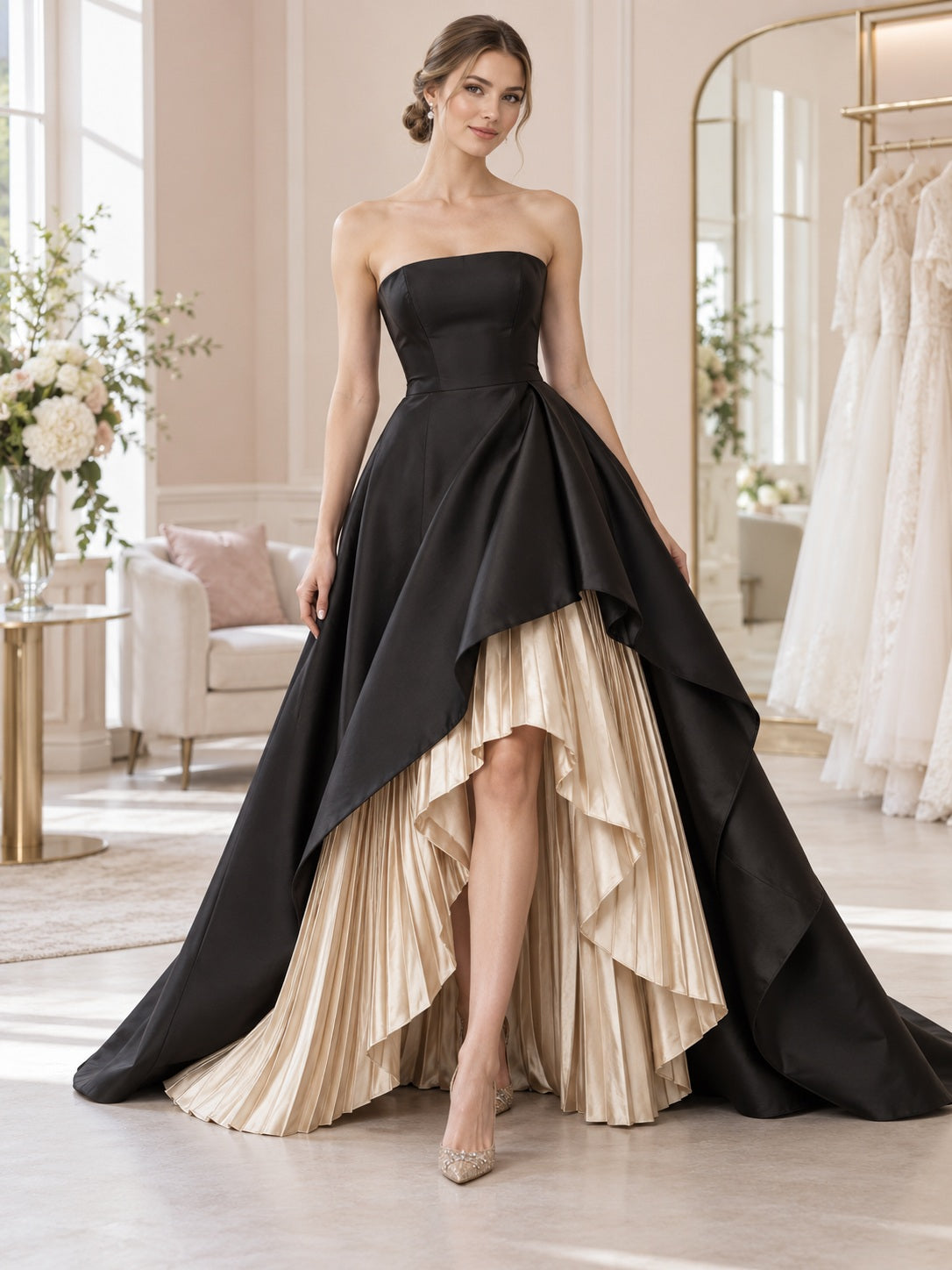 Schwarzes High-Low-Brautkleid aus Champagner-Satin, trägerlos, mit asymmetrischen, plissierten Stufen