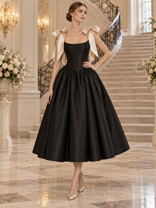 Robe de mariée noire simple vintage longueur thé champagne corset en satin froncé à bretelles à nœuds