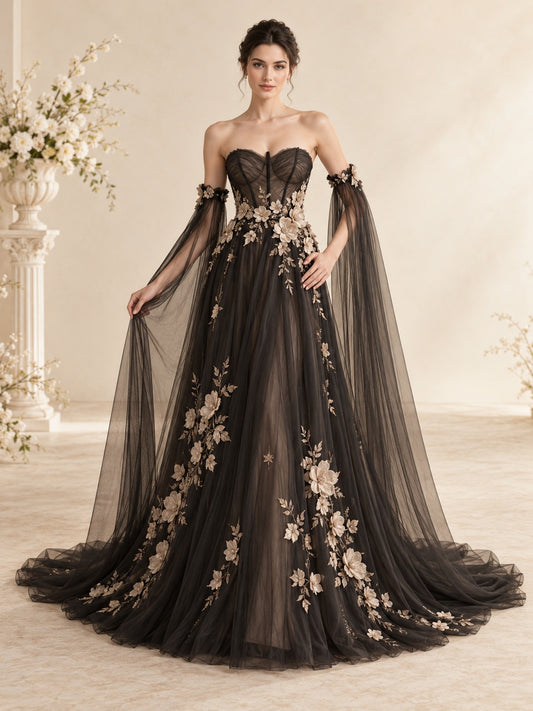Robe de mariée trapèze en tulle noir et champagne, corset cœur fleuri, avec drapés aux bras