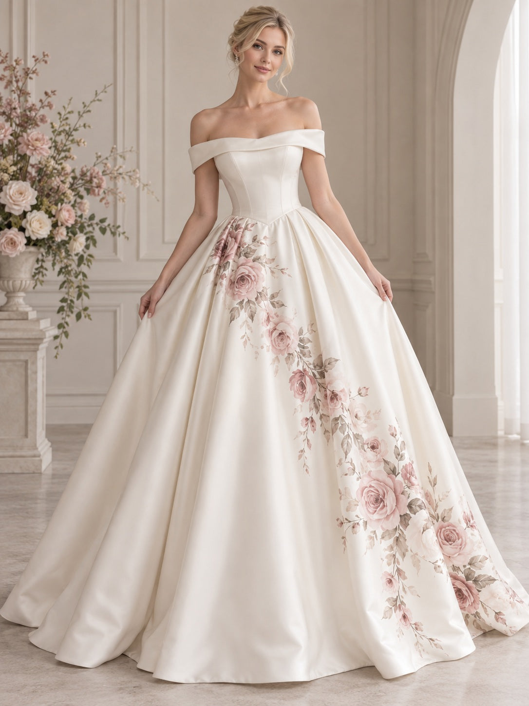 Dusty Rose Floral Off Shoulder Satin Ball Gown Wedding Dress with Smooth Pointed Bodice - view 1