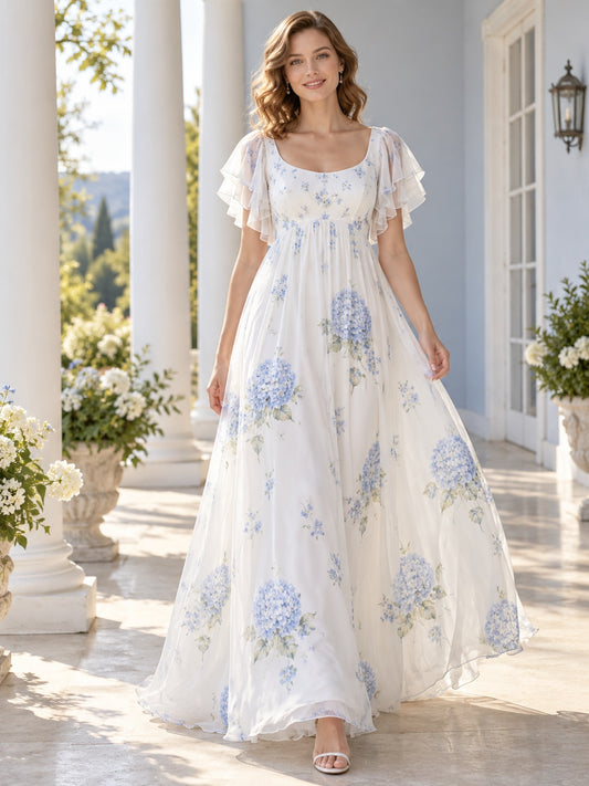 Vestido de novia de gasa en blanco, corte imperio, escote redondo, manga corta y largo hasta el suelo