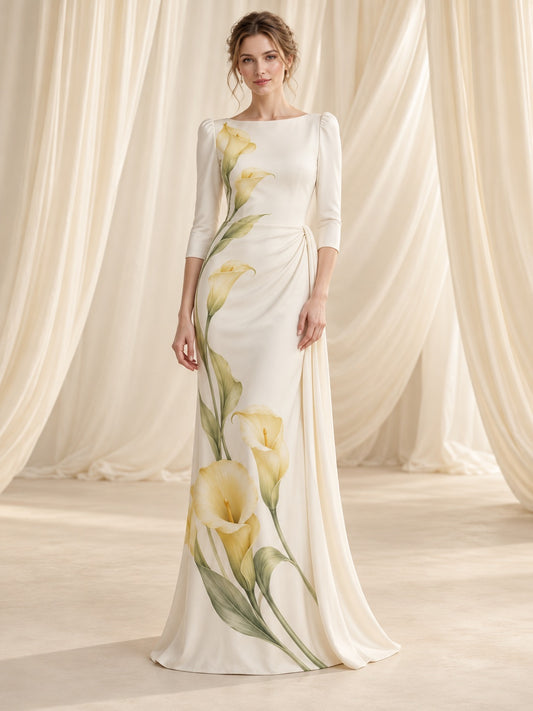 Robe de mariée jaune en crêpe, coupe fourreau à encolure bateau, avec manches trois-quarts, motif arum