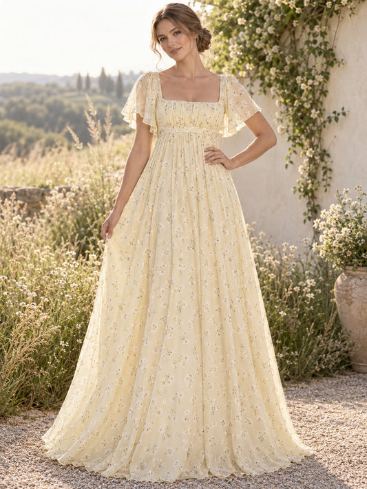 Robe de mariée champêtre à col carré, imprimé floral camomille, coupe empire et manches courtes