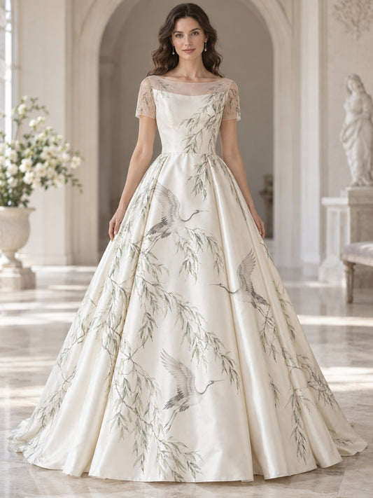 Robe de mariée trapèze élégante en satin à manches courtes et encolure bateau