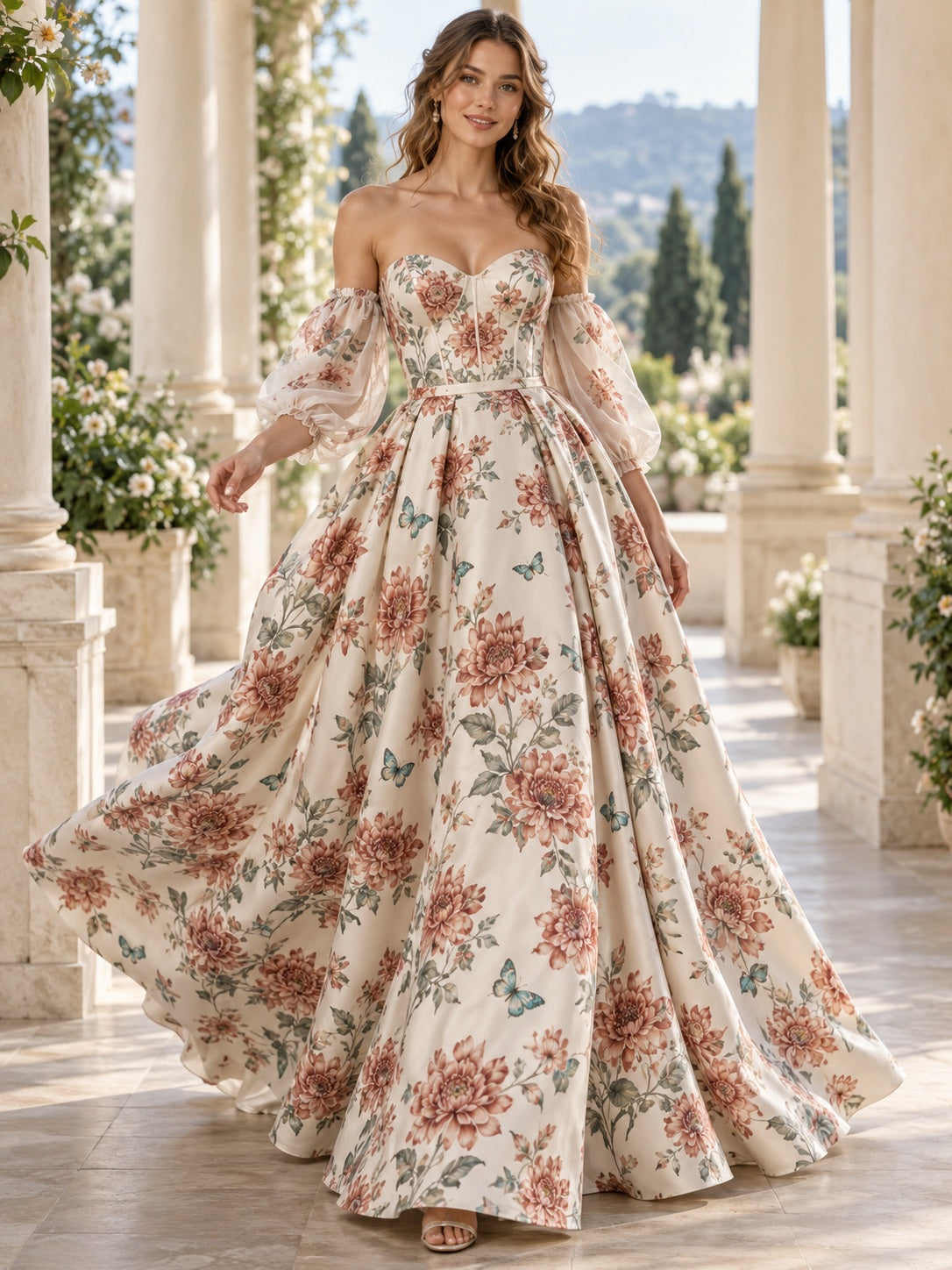 Off Shoulder Puff Sleeve Chrysanthemum Butterfly Elegant A-Line Satin Wedding Dress - view 1
