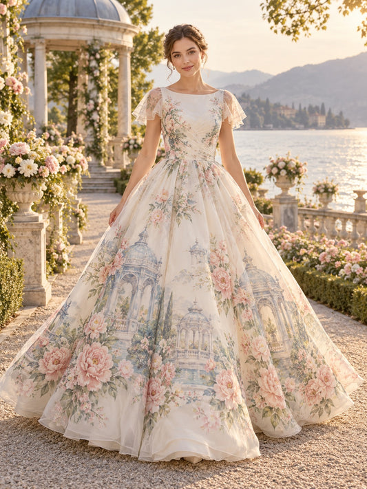 Robe de mariée de bal en organza à encolure bateau, manches courtes et élégante jupe pivoine