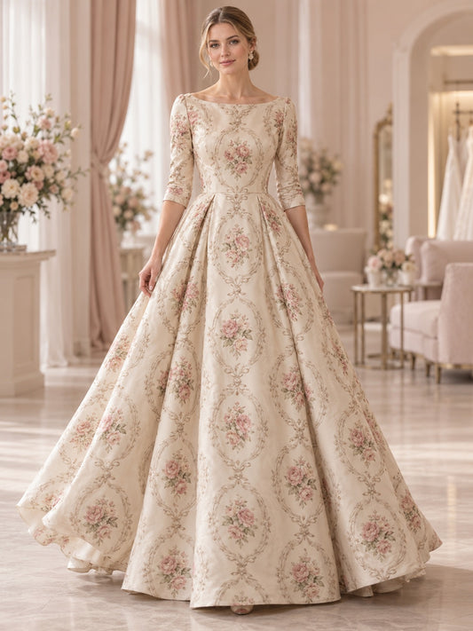 Vestido de novia de satén en champán, línea A, escote barco, manga tres cuartos y largo hasta el suelo