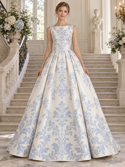 Robe de mariée de bal élégante sans manches en mikado avec encolure bateau à motif damassé