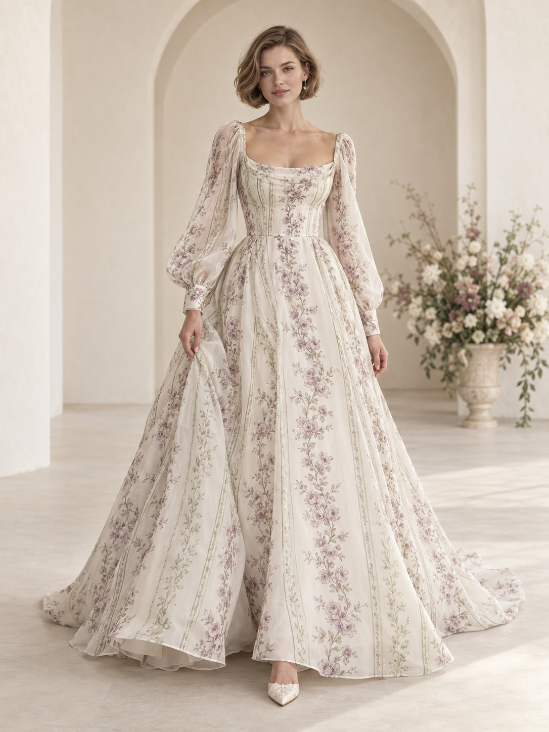 Long Sleeve Square Neck Mauve Floral Elegant A-Line Organza Wedding Dress - view 1
