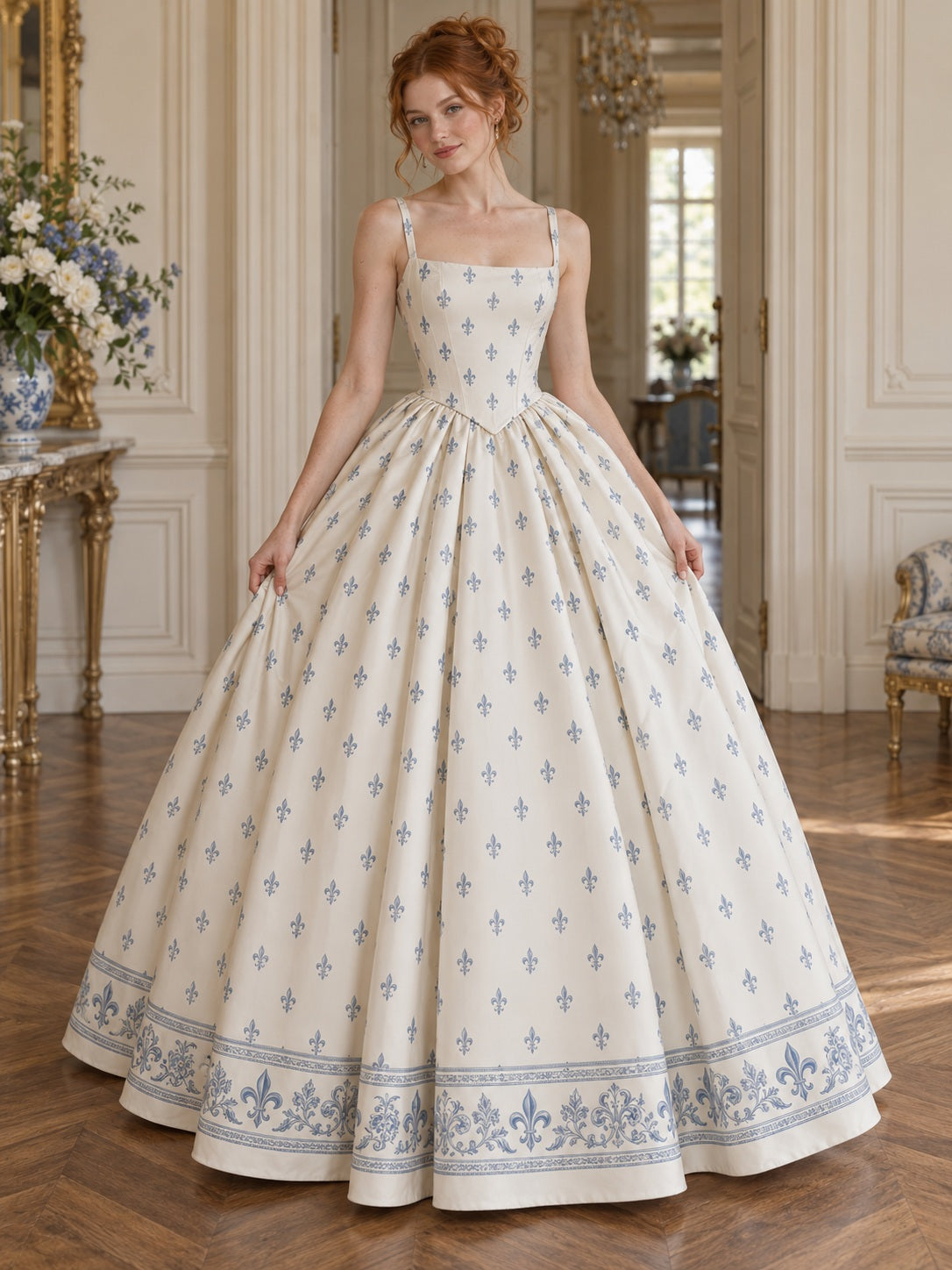 Square Neck Fleur-de-Lis Elegant Sleeveless Ball Gown Mikado Wedding Dress - view 1