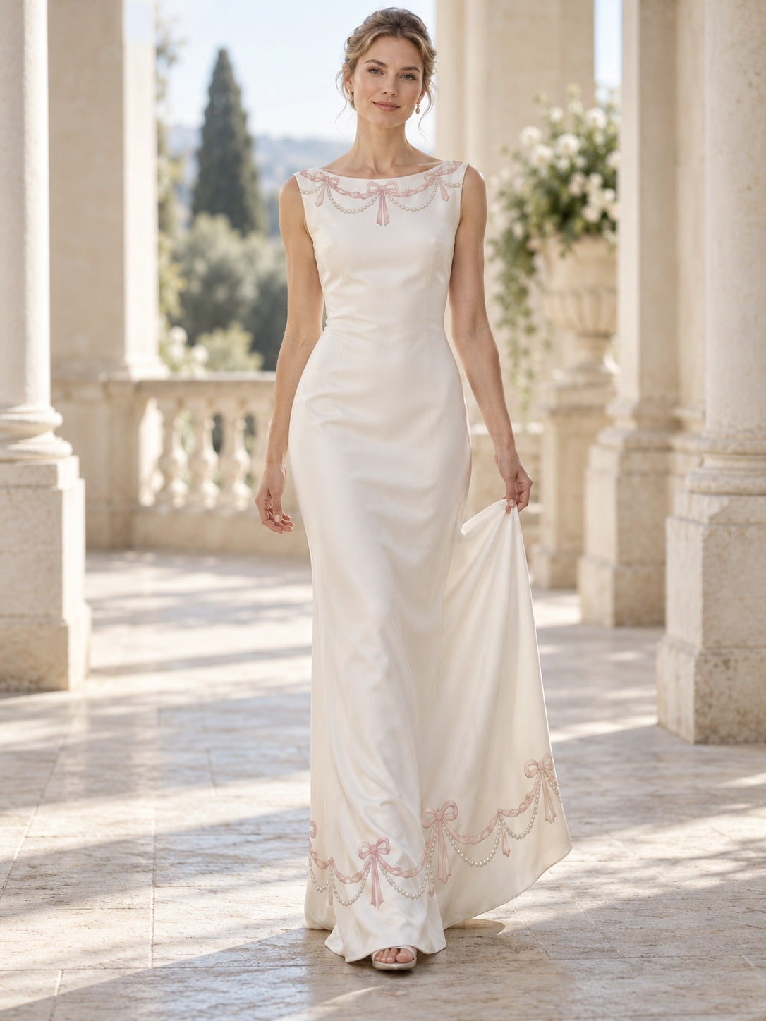 Elegantes ärmelloses Satin-Brautkleid in Etui-Passform mit Bateau-Ausschnitt, Band und Perlenprint