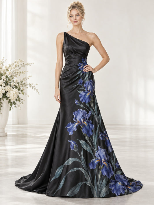 Schwarzes Meerjungfrau-Kleid mit einer Schulter, blauer Iris, elegantes ärmelloses Satin-Brautkleid
