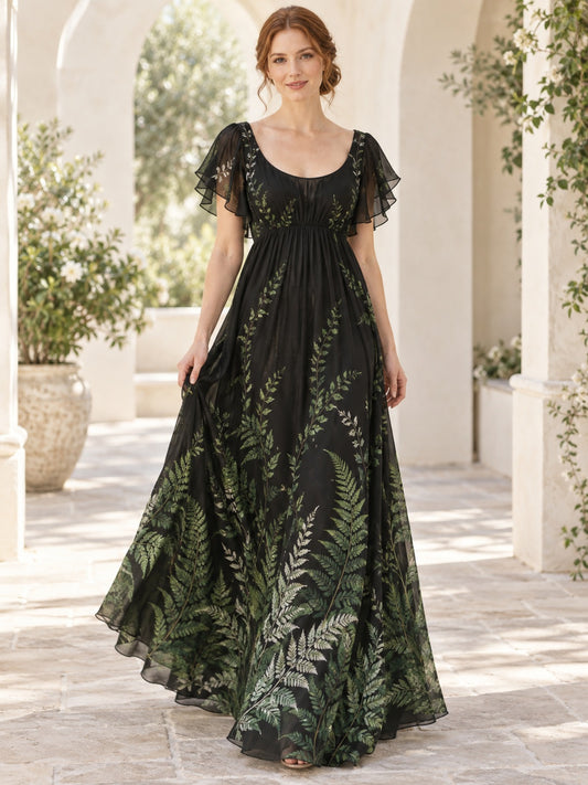 Vestido de novia de gasa en negro, línea A, escote redondo, manga corta y largo hasta el suelo
