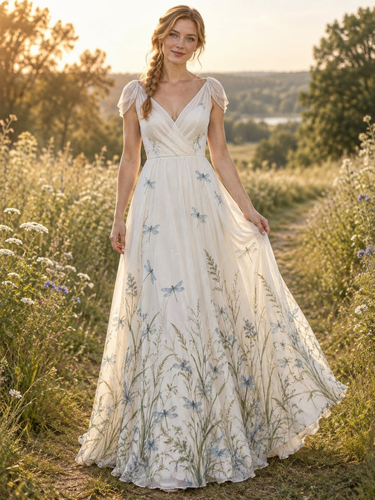 Vestido de novia de gasa en marfil, línea A, escote en V, manga corta y largo hasta el suelo